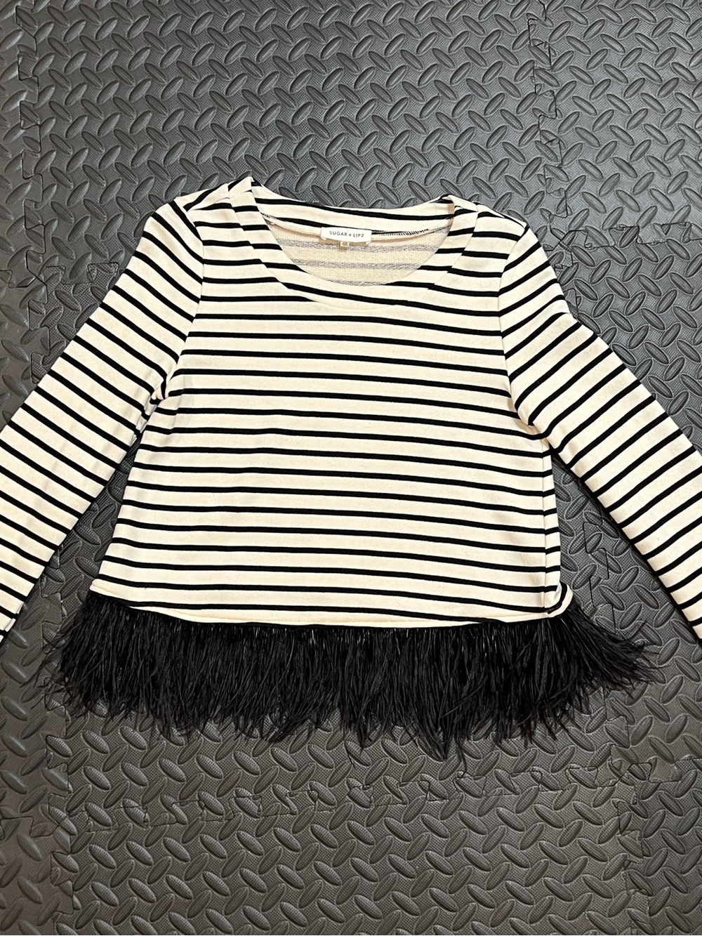 Sugarlips Black & White Striped Long-Sleeve Top with Feather Hem
